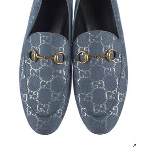 Gucci Denim Blue Loafers with Gold Detailing